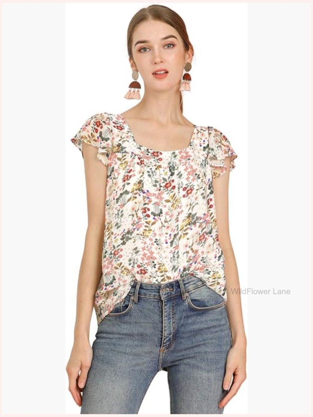 Women's Floral Square Neck Chiffon Blouse Boho Ruffled Short Sleeve Top